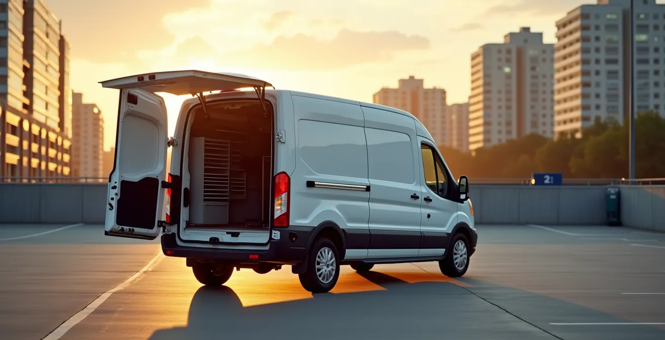 Van atelier mobile de serrurier automobile stationné en environnement urbain