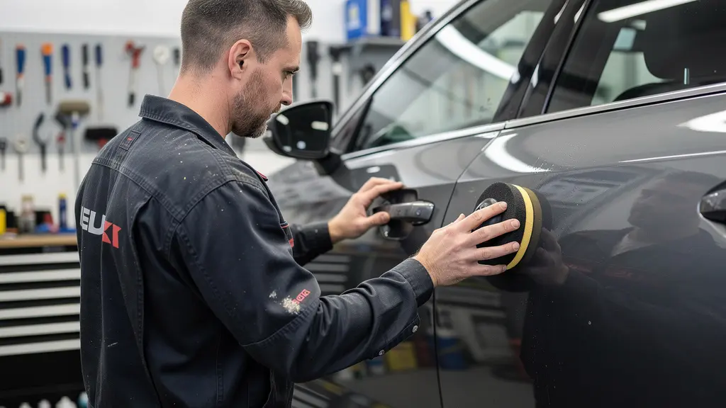 Technicien appliquant traitement céramique avec applicateur mousse sur portière
