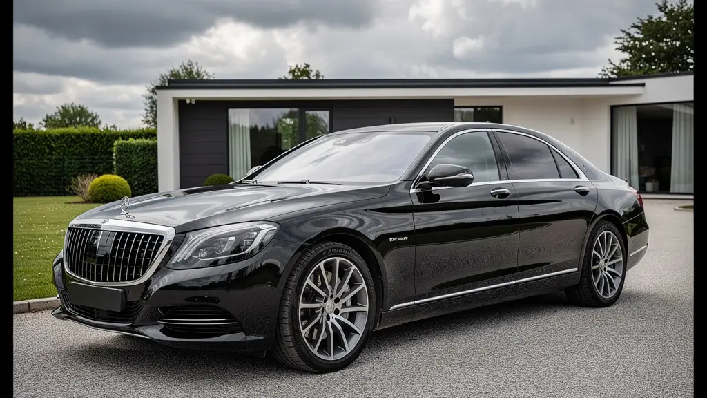 Berline sombre garée avec reflets nuages sur carrosserie céramique