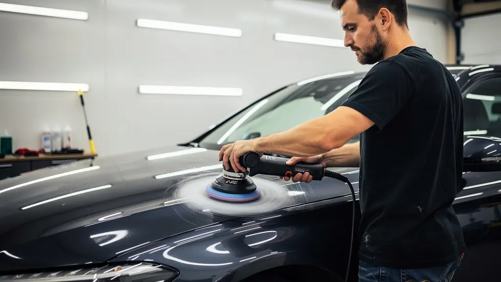 Détailleur utilisant polisseuse orbitale sur capot berline noire