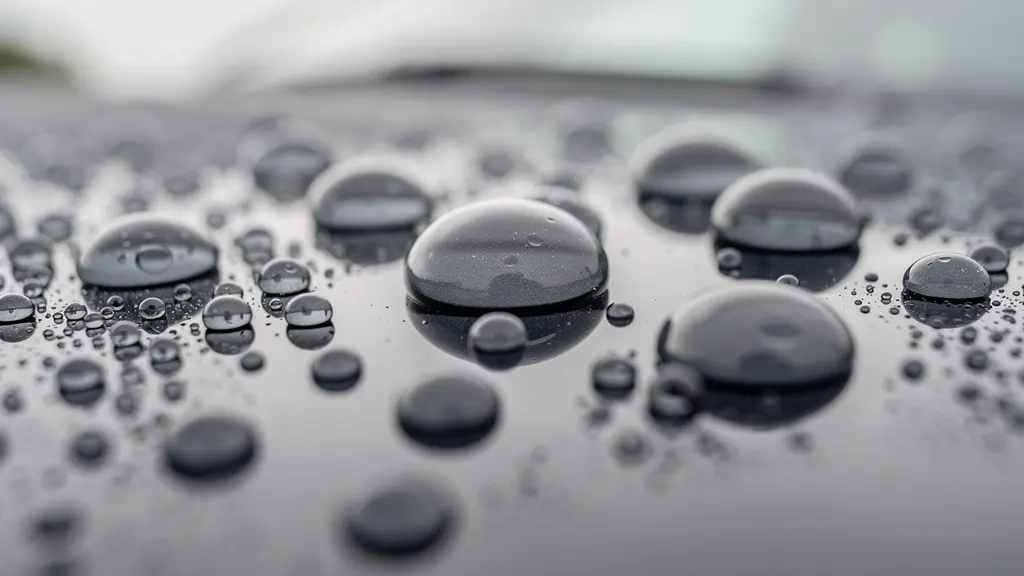Gouttelettes d'eau perlant sur carrosserie traitée céramique effet hydrophobe
