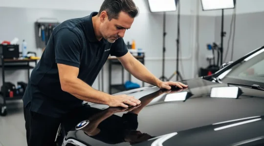 Technicien detailing inspectant reflet carrosserie berline noire en atelier