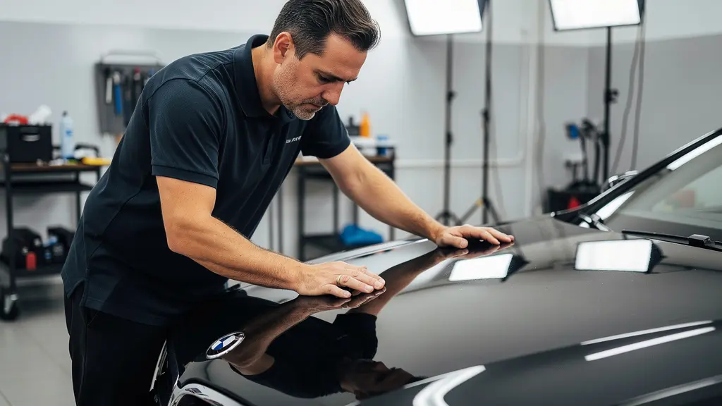 Technicien detailing inspectant reflet carrosserie berline noire en atelier