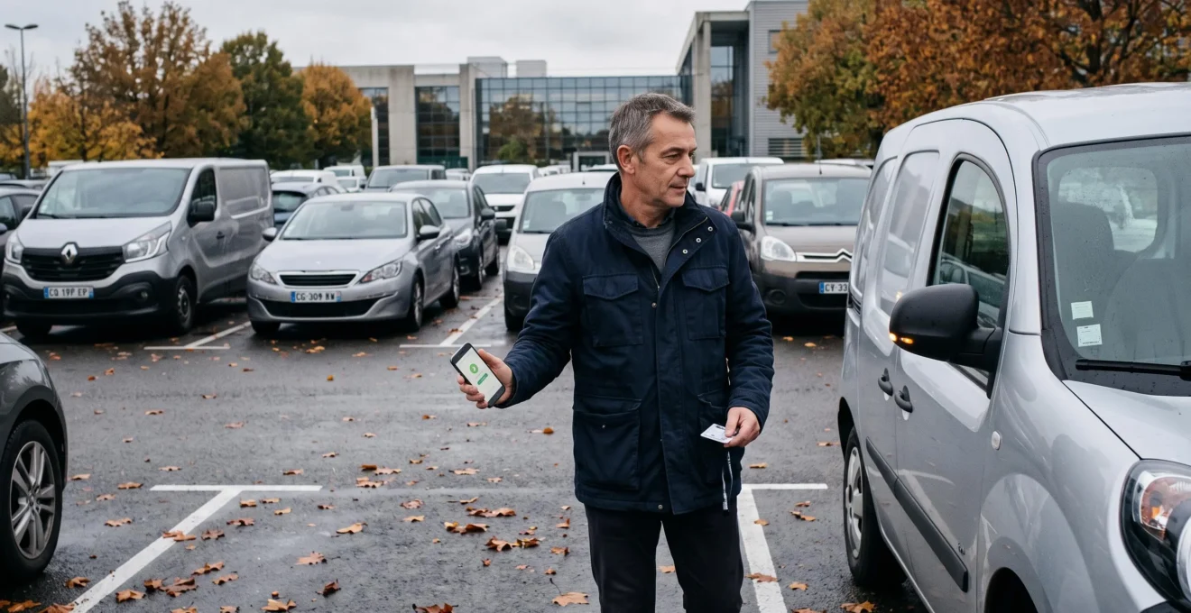 Gestionnaire de flotte déverrouillant à distance un véhicule partagé depuis son smartphone dans un parking d'entreprise.