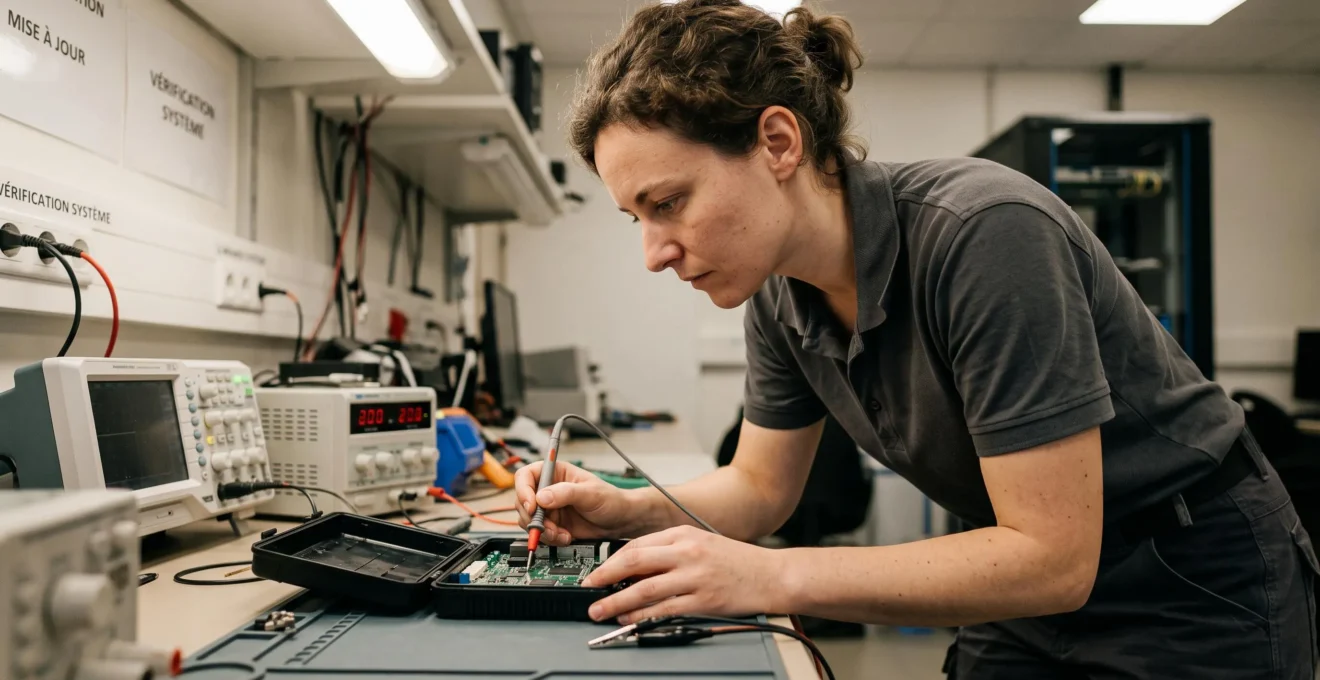 Ingénieur vérifiant les connecteurs d'un boîtier télématique ouvert sur un poste de test en laboratoire.