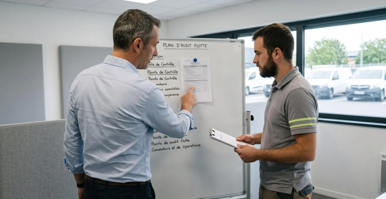 Responsable informatique et technicien de flotte examinant ensemble une liste de contrôle de sécurité sur un tableau blanc.